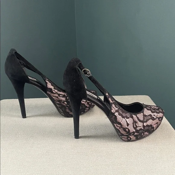 Guess Black Lace Overlay Pink platform Heels vintage - Picture 8 of 12
